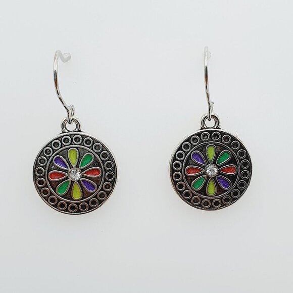 Boho Round Enamel Flower Earrings – Multicolor Petals, AZFA1128 - Picture 1 of 15